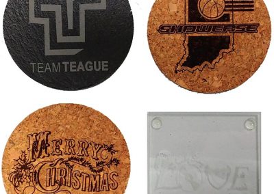 Cork, slate, and glass laser engraved coasters