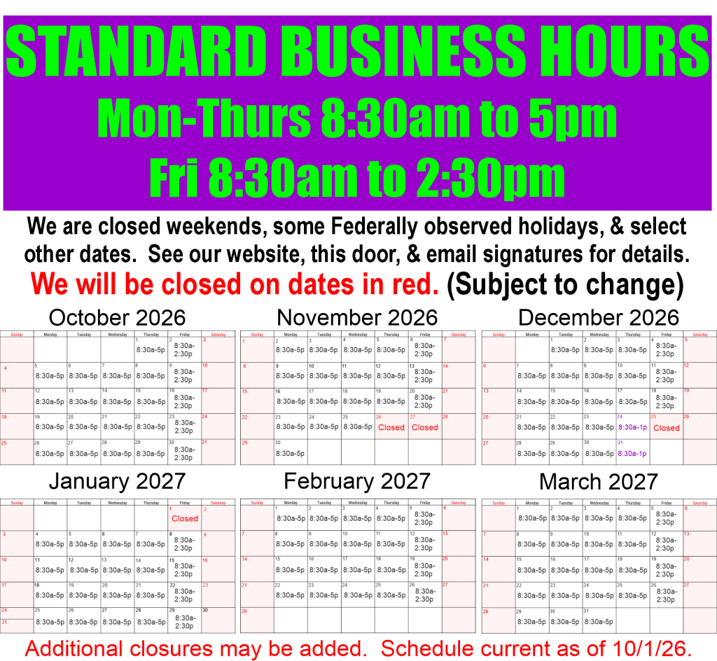 A+ Images 2026–2027 holiday-hours chart. Click to view the full-size schedule.