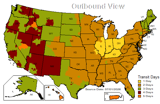 UPS Ground outbound transit map showing estimated one-to-five-day shipping zones from Indianapolis. Source date July 1, 2026.